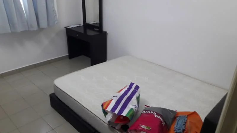Bedroom features: single bed frame, mattress on bed frame, black wooden bedside table, light blue curtains, white painted walls, grey tiled flooring.