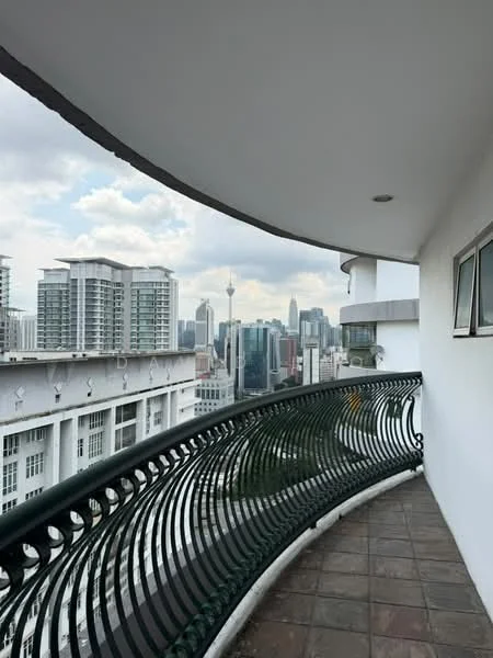 Balcony features: curved balcony, metal railing, tile flooring, city skyline view, overhang ceiling, glass windows, outdoor space; style: modern; view: city.