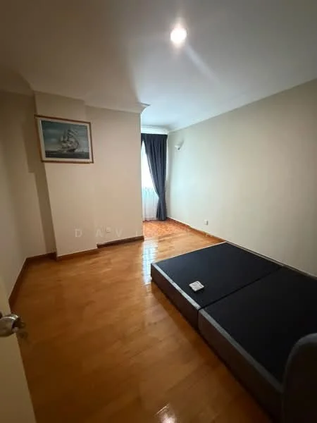 Bedroom features: wooden flooring, cream painted walls, floor-to-ceiling window, blackout curtains, wall-mounted sconce, framed artwork, light fixture, unmade bed with mattress.