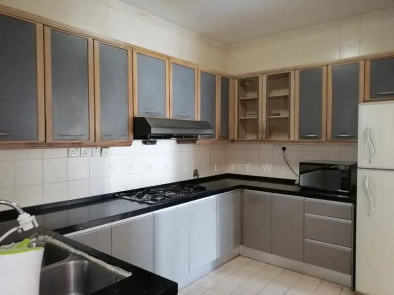 Kitchen features: grey cabinetry with wooden accents, black granite countertop, stainless-steel gas hob, stainless-steel range hood, built-in microwave, white fridge, double-bowl stainless-steel sink, tile flooring, white tiled backsplash, upper cabinets with glass fronts; style: modern.