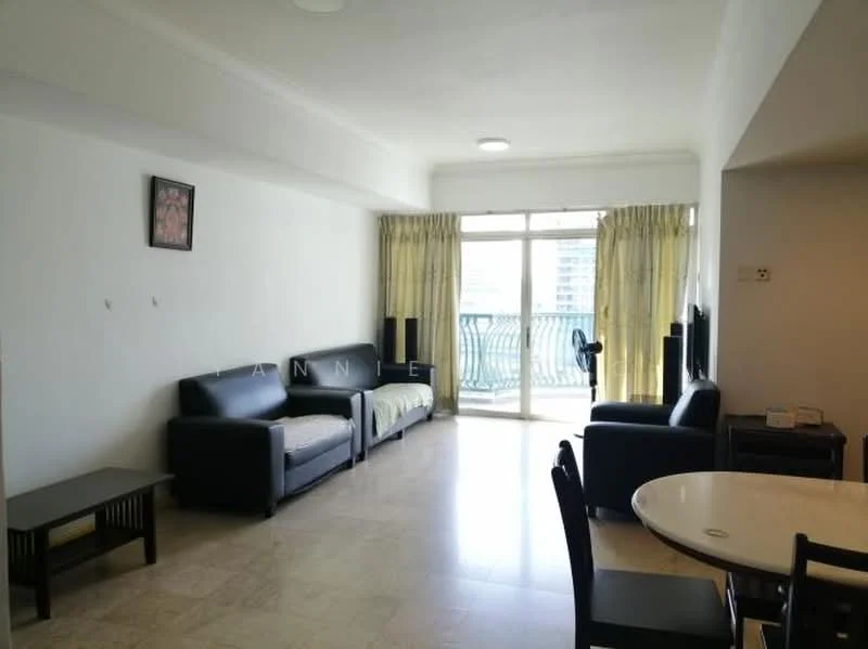 Living features: 2 black leather sofas, coffee table, TV console, wall-mounted TV, floor-to-ceiling windows, curtains, marble flooring, recessed ceiling lights; style: modern; view: city. Dining features: round dining table, 4 black dining chairs; style: modern.