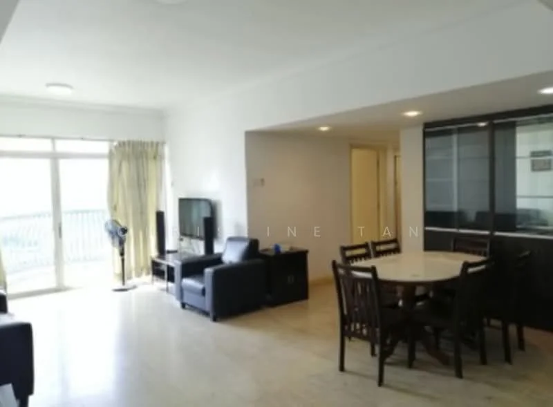Living features: cream painted walls, marble flooring, floor-to-ceiling windows, sliding glass door, black leather sofa, TV console, wall-mounted TV, dining table with chairs, recessed downlights, curtains, open layout; style: modern; view: city.