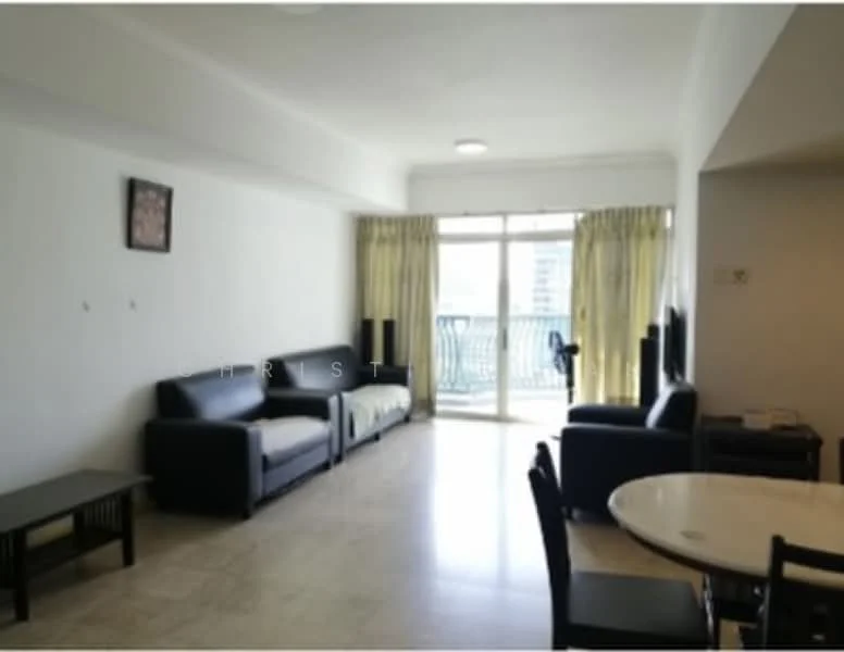 Living features: 2 black leather sofas, 1 light-colored fabric sofa, coffee table, TV console, wall-mounted TV, floor-to-ceiling windows, curtains, marble flooring, recessed ceiling lights; style: modern; view: city.