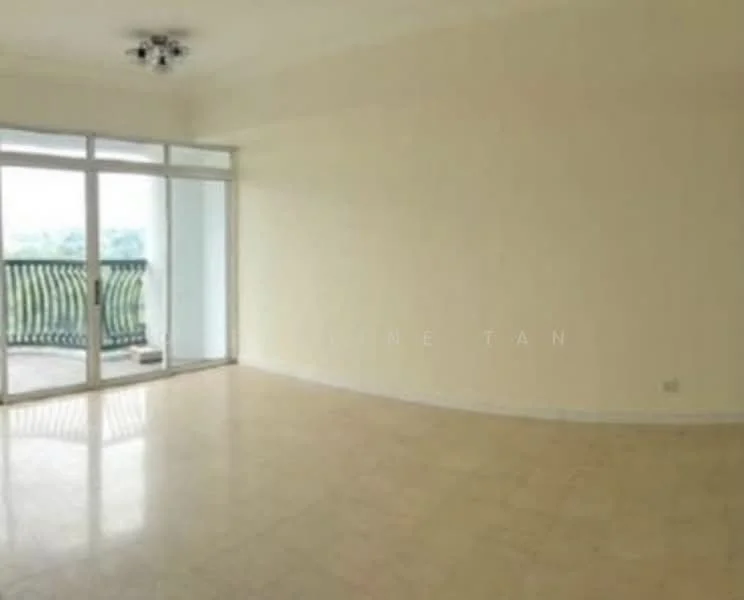 Living features: cream painted walls, marble tile flooring, floor-to-ceiling windows, sliding glass door, balcony access, recessed downlights, central air conditioning, open layout; style: modern; view: garden.