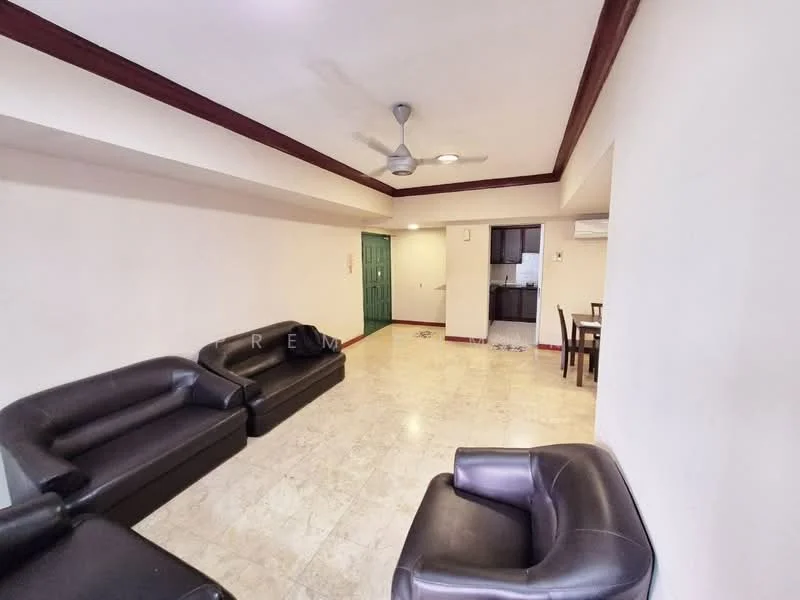 Living features: 2 black leather sofas, marble flooring, ceiling fan with light, recessed downlights, wall-mounted air conditioning unit, neutral painted walls, wooden ceiling trim, dining area visible in background; style: modern.