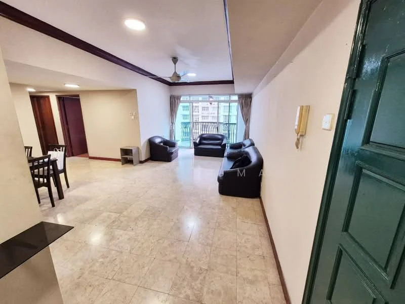 Living features: marble tile flooring, cream painted walls, recessed downlights, 5-blade ceiling fan, two black leather sofas, glass coffee table, dining table with four chairs, floor-to-ceiling windows, curtains, balcony access, wall-mounted intercom; style: modern; view: city.