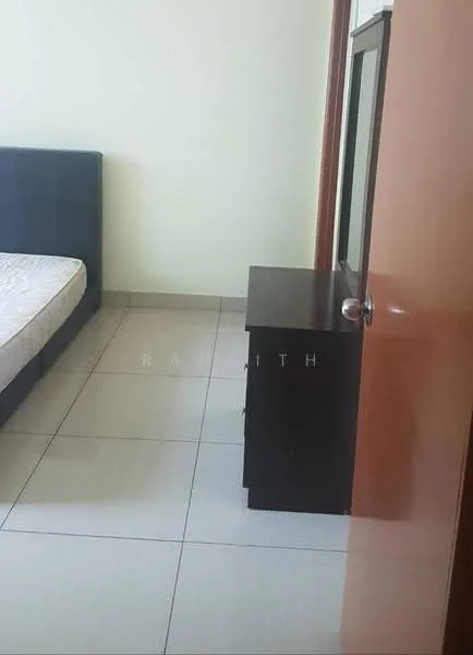 Bedroom features: queen-size bed, wooden bed frame, nightstand, mirror on dresser, white painted walls, glossy tile flooring, built-in wardrobe, door to hallway.