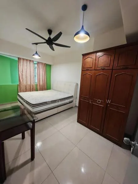 Bedroom features: queen-size bed, upholstered headboard, 2-blade ceiling fan, 2 pendant lights, wooden wardrobe with multiple doors, green accent wall, cream painted walls, tile flooring, curtains, small dining table; style: modern.