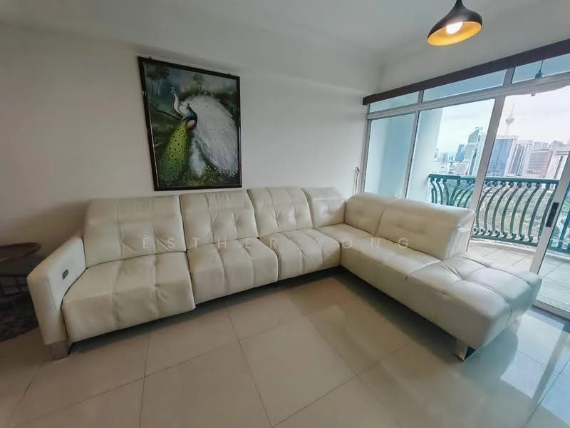 Living features: L-shape sectional sofa in white leather, floor-to-ceiling windows, sliding glass door, cream tiled flooring, wall-mounted artwork with peacock design, recessed ceiling light, balcony access, decorative wall; style: modern; view: city.