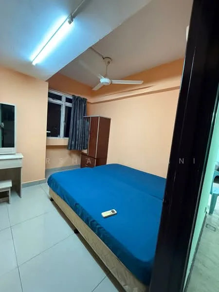Bedroom features: blue bedspread, queen-size bed, wooden bedside table, mirror on dresser, ceiling fan, floor-to-ceiling window, curtains, tiled flooring, light fixture, wall-mounted phone charger.