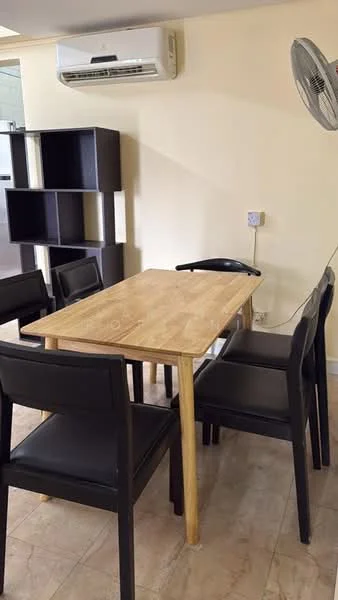Dining features: wooden dining table, 4 black dining chairs, wall-mounted air conditioning unit, ceiling fan, light-colored walls, tile flooring, open shelving unit, power outlet on wall; style: modern.