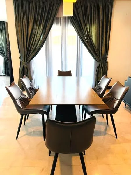 Dining features: rectangular dining table with wooden surface, 6 upholstered dining chairs in brown, floor-to-ceiling windows, sheer curtains, dark green drapes, light fixture above table, neutral wall color, tile flooring; style: modern.