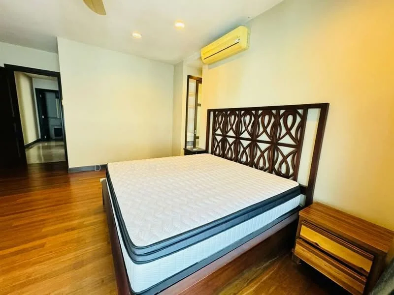 Bedroom features: king-size bed, wooden bed frame with decorative headboard, nightstand with drawer, wooden flooring, wall-mounted split AC, recessed downlights, cream painted walls, large window with natural light; style: modern.