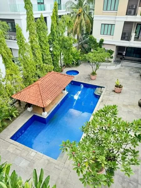 Exterior type: swimming pool deck; features: infinity pool, pool deck with loungers, landscaped garden with tropical plants, pavilion with tiled roof, stone-paved walkway, mature trees, planters with greenery; style: tropical-modern.