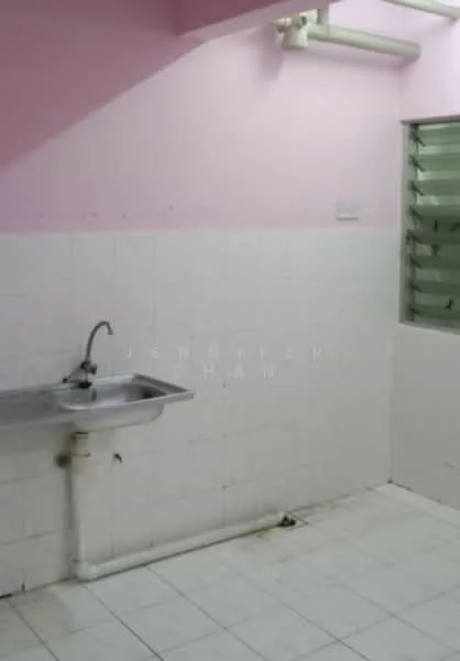 Room features: pink painted walls, white tiled walls, white tiled flooring, single-bowl stainless-steel sink, wall-mounted faucet, window with horizontal slats, exposed plumbing.