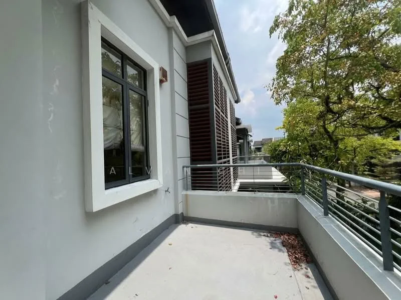 Room features: grey painted walls, concrete flooring, metal railing, large window, overhead eaves, outdoor space, surrounding greenery, tree view; style: modern; view: garden.