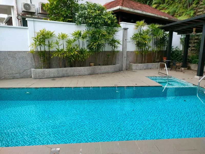 Exterior type: swimming pool deck; features: infinity edge pool, tiled pool surface, surrounded by stone paving, landscaped with tropical plants, wooden pergola, manicured garden area, poolside loungers, fenced perimeter; style: tropical-modern.