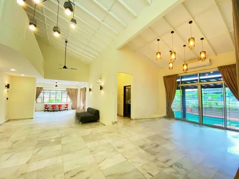 Living features: marble flooring, high ceiling with exposed beams, 5-blade ceiling fan, recessed downlights, pendant lights, large sliding glass door, floor-to-ceiling windows, curtains, open layout to dining area; style: modern; view: garden. Dining features: dining table with red chairs, large windows, curtains; style: modern; view: garden.