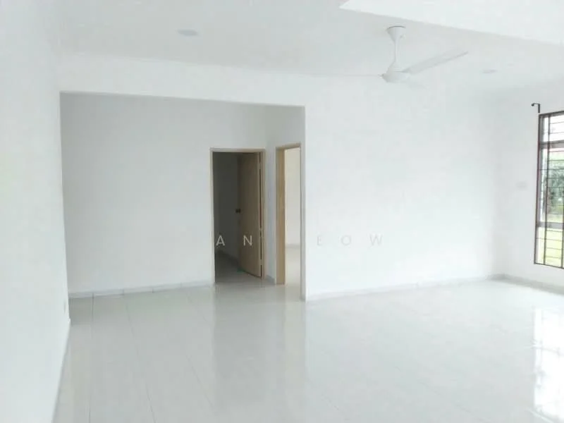 Room features: white painted walls, glossy white tile flooring, ceiling fan, recessed downlights, doorway leading to another room, large window with grid design, natural light from window; style: modern; view: garden.