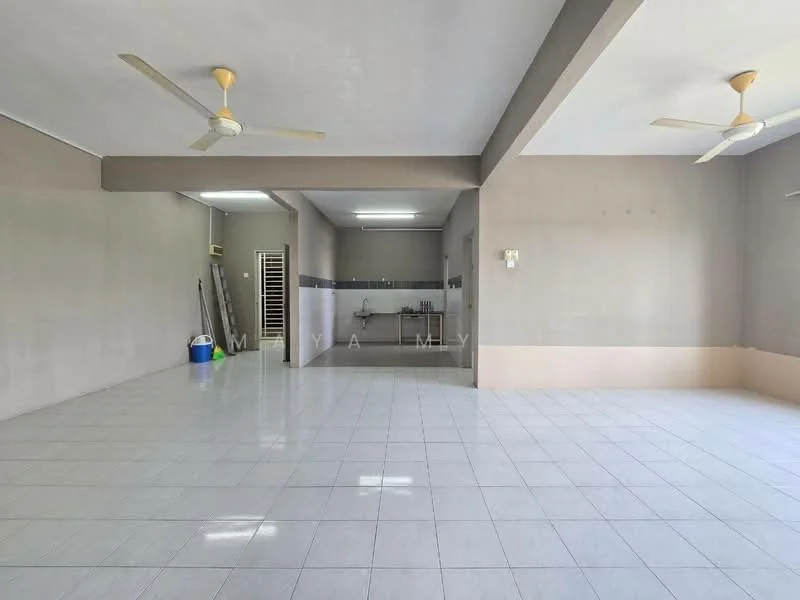 Room features: white painted walls, polished ceramic tile flooring, 2 ceiling fans, open layout, kitchen area visible, wall-mounted air conditioning unit, light fixtures, neutral color scheme; style: modern.