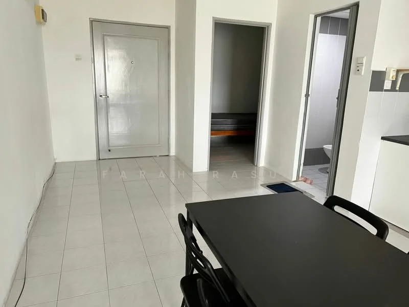 Room features: white painted walls, ceramic tile flooring, single door, door frame, light switch, window frame, black dining table, black dining chairs, open doorway to adjacent room, visible bathroom door, grey wall tiles in bathroom, wooden bench in adjacent room; style: modern.