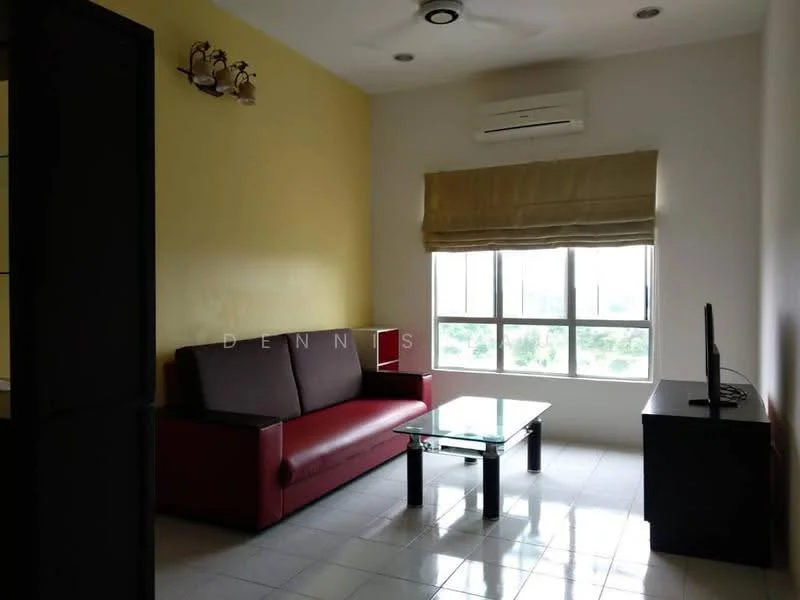 Living features: red 3-seater sofa, glass coffee table, black TV console, wall-mounted TV, ceiling fan, white painted walls, yellow accent wall, window with roller blinds, air conditioning unit, tile flooring; style: modern; view: garden.