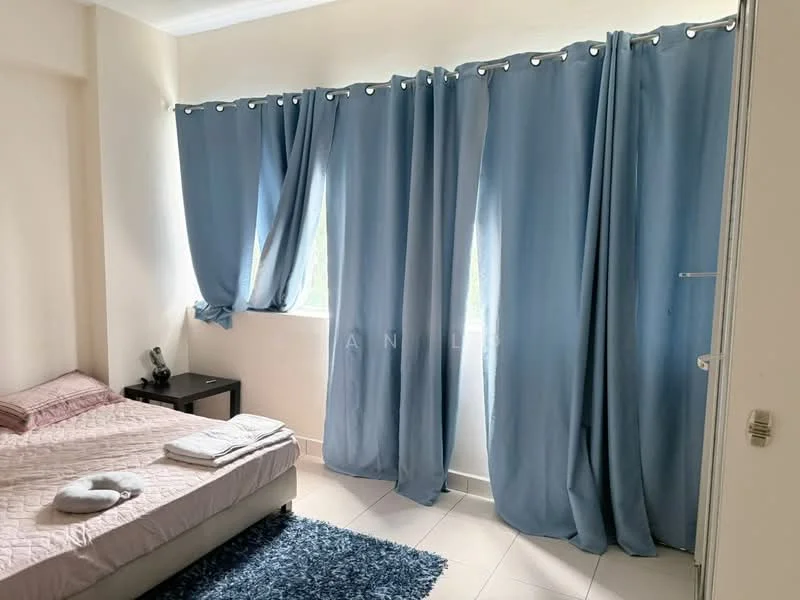 Bedroom features: queen-size bed, light grey bed frame, white bedding, blue curtains, floor-to-ceiling windows, nightstand, table lamp, area rug with geometric pattern, white tiled flooring; style: modern.