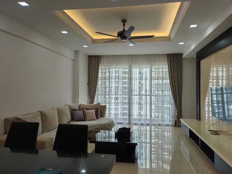 Living features: cream painted walls, tray ceiling with recessed lighting, 5-blade ceiling fan with light, floor-to-ceiling windows, sheer curtains, grey sofa with cushions, black coffee table, TV console with wall-mounted TV, polished tile flooring, decorative wall paneling; style: modern.