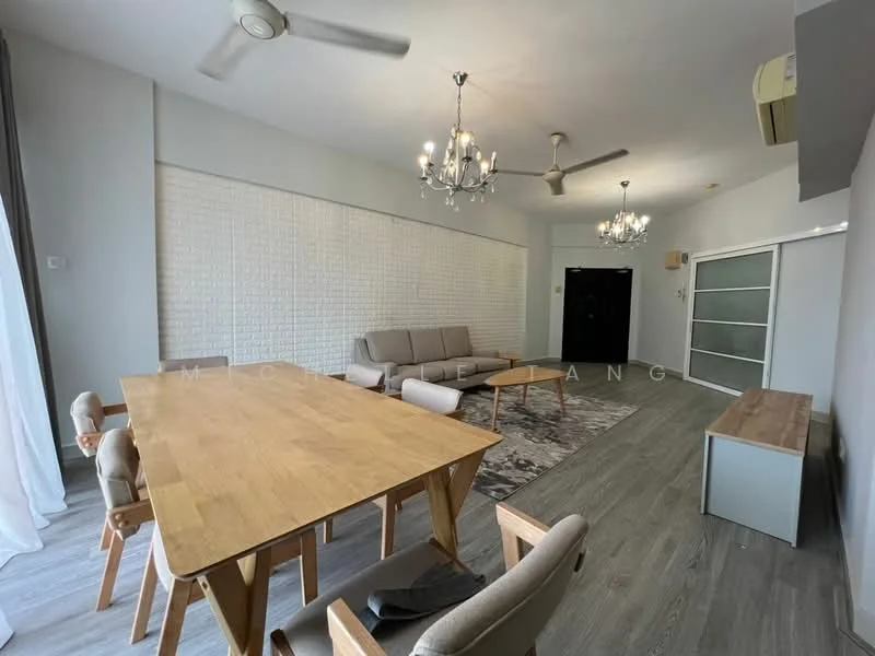 Living features: 3-seater fabric sofa in light grey, 2-seater fabric sofa in light grey, wooden dining table with 6 chairs, chandelier with multiple bulbs, ceiling fan with light, recessed downlights, area rug with geometric pattern, TV console, wall-mounted TV, sliding glass door, floor-to-ceiling windows with sheer curtains, light grey walls, laminate flooring; style: modern.