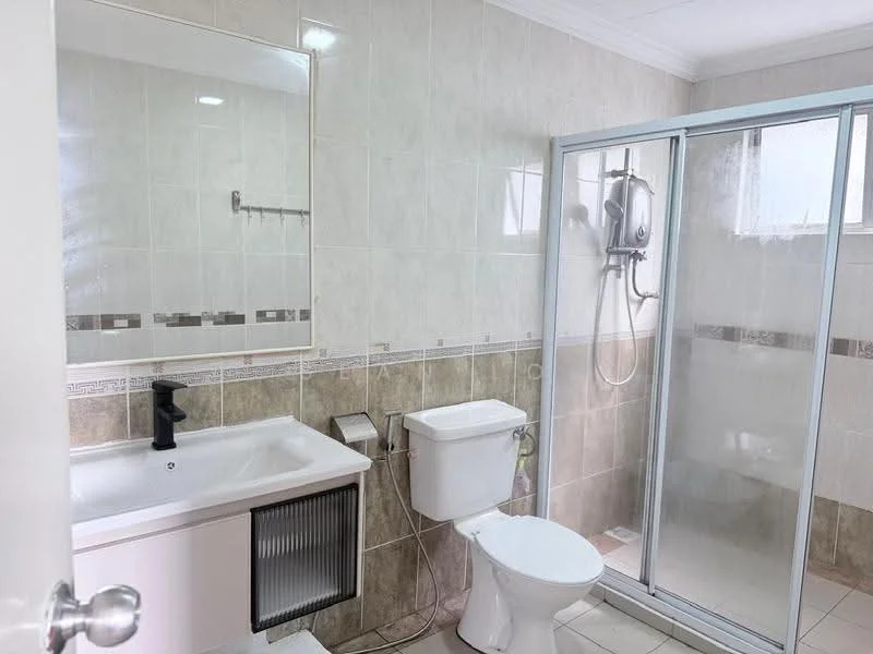 Bathroom features: white tiled walls, cream tiled flooring, single-sink vanity with cabinet, chrome basin mixer faucet, framed mirror, one-piece toilet, walk-in shower with glass enclosure, shower head with adjustable height, towel rack, window for natural light; style: modern.