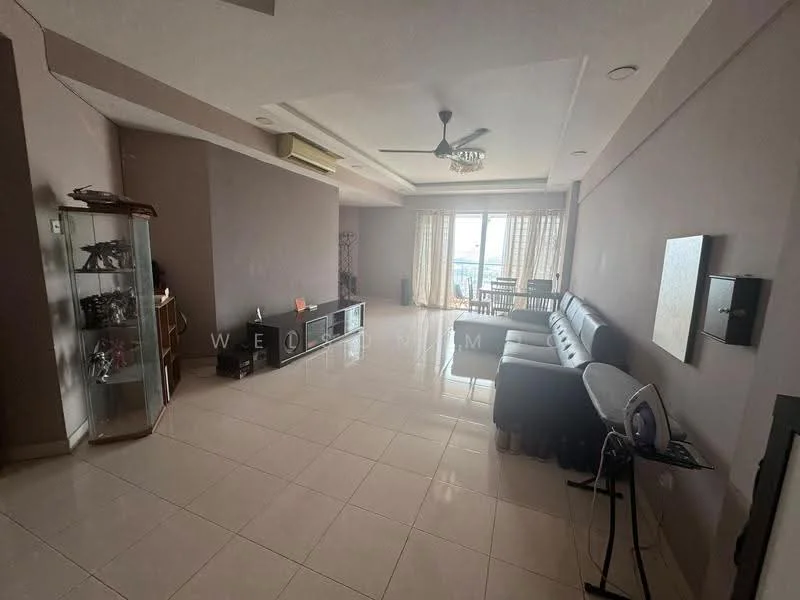 Living features: cream painted walls, polished ceramic tile flooring, tray ceiling, 5-blade ceiling fan with light, floor-to-ceiling windows, sliding glass door, sheer curtains, black leather sofa, coffee table, TV console, wall-mounted TV, decorative wall art, area rug; style: modern; view: city.