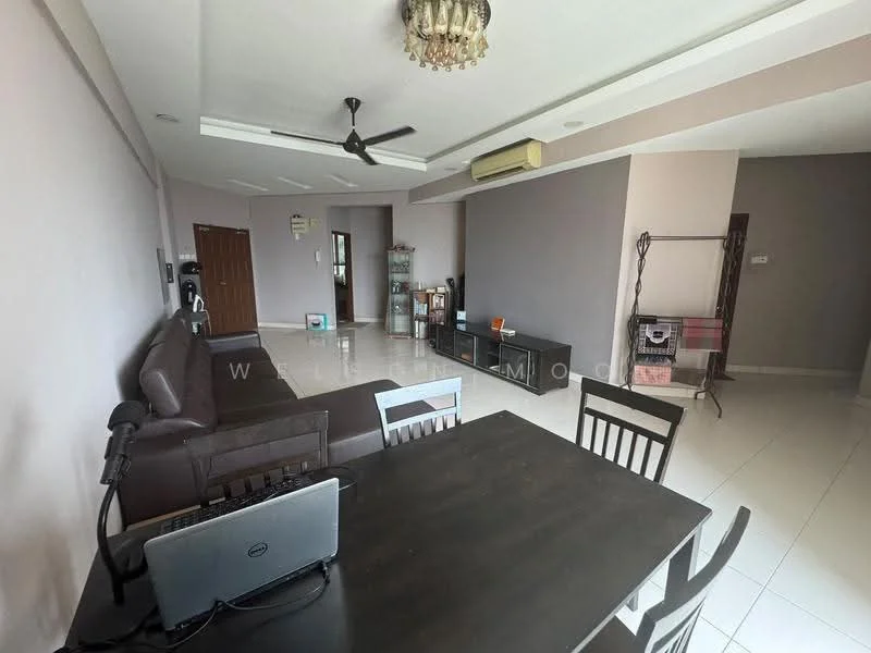 Living features: 3-seater brown leather sofa, coffee table, TV console, wall-mounted TV, ceiling fan, recessed downlights, white tiled flooring, grey accent wall, built-in shelving unit, decorative wall clock; style: modern. Dining features: 6-seater dining table, wooden dining chairs, laptop on table; style: modern.