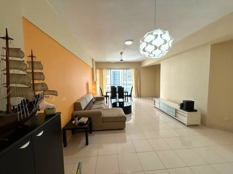 Living features: cream painted walls, orange accent wall, white ceiling, recessed downlights, 5-blade ceiling fan with light, large windows with sheer curtains, rectangular dining table for 6, beige fabric sofa, white TV console, decorative ship model, tile flooring, area rug; style: modern; view: city.