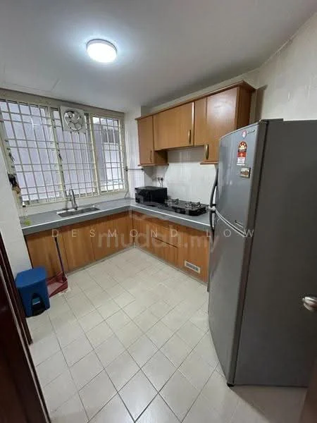 Kitchen features: single-bowl stainless-steel sink, chrome pull-down faucet, grey laminate countertop, wood cabinetry with brown finish, built-in gas stove, stainless-steel fridge, tile flooring, wall-mounted exhaust fan, window with metal grille, light fixture on ceiling; style: modern.