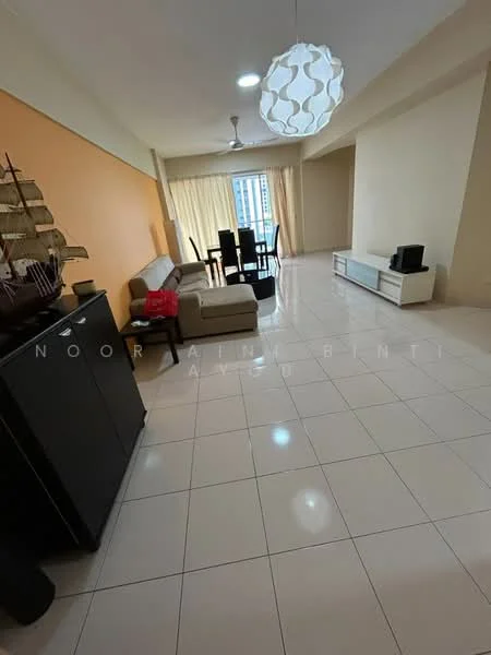 Living features: cream painted walls, white tiled flooring, 5-blade ceiling fan, large floor-to-ceiling windows with sheer curtains, sofa in light beige, coffee table, TV console, dining table with chairs, decorative pendant light, wall-mounted TV, decorative wall art, open layout; style: modern; view: city.