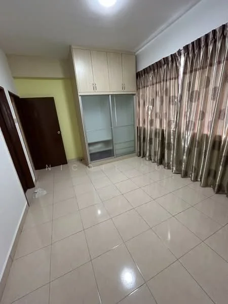 Room features: cream painted walls, white tiled flooring, built-in wardrobe with glass doors, curtains with a pattern, recessed ceiling light, single door, double door, window with view, neutral color scheme; style: modern.