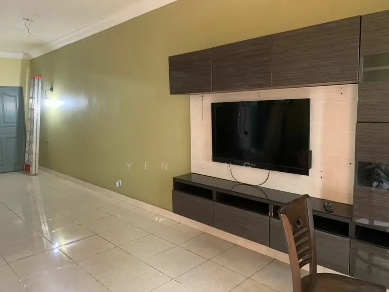 Living features: cream painted walls, dark wood cabinetry, wall-mounted TV, ceramic tile flooring, recessed lighting, single wooden chair, light switch, curtains, decorative wall panel; style: modern.