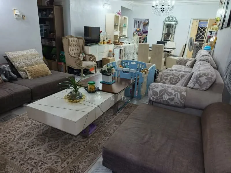 Living features: 3-seater fabric sofa in light grey, 2-seater fabric sofa in brown, coffee table with white surface and storage, area rug with intricate pattern, decorative plant on coffee table, wall-mounted TV, TV console, chandelier with multiple bulbs, framed mirror on wall, decorative cushions on sofas, wooden side table, open shelving unit with decorative items; style: contemporary.
