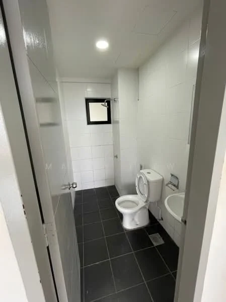 Bathroom features: white tiled walls, black ceramic tile flooring, one-piece toilet, sink with wall-mounted faucet, framed mirror, shower with glass partition, ceiling light, window for natural light; style: modern.