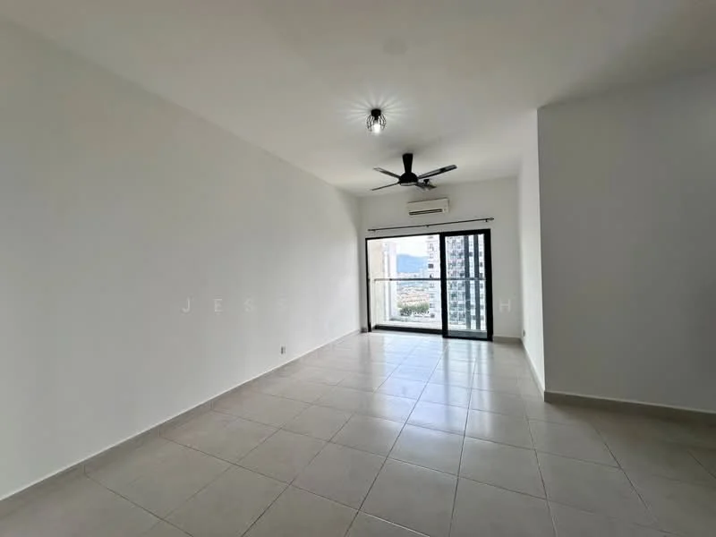 Living features: white painted walls, tile flooring, 5-blade ceiling fan with light, sliding glass door, floor-to-ceiling windows, air conditioning unit, natural light from windows, neutral color scheme; style: modern; view: city.