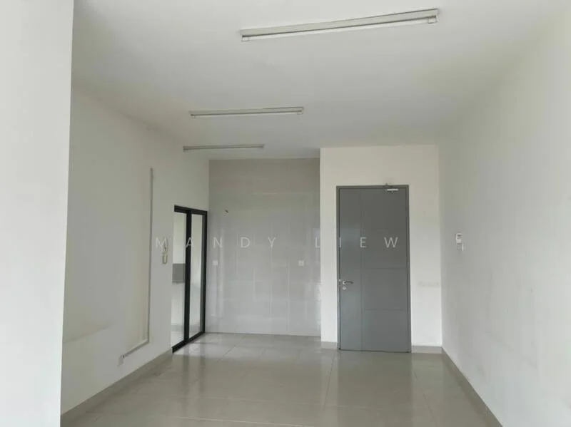 Room features: white painted walls, grey tiled flooring, fluorescent ceiling lights, glass door, plain grey door, no visible furniture or decor; style: modern.