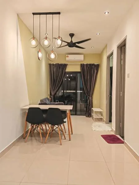 Dining features: dining table for 4, black chairs with wooden legs, pendant lighting with multiple bulbs, cream walls, grey curtains, floor-to-ceiling windows, sliding glass door, wall-mounted split AC, glossy tile flooring, decorative rug, recessed lighting; style: modern; view: city. Hallway features: white painted walls, grey doors, tile flooring.