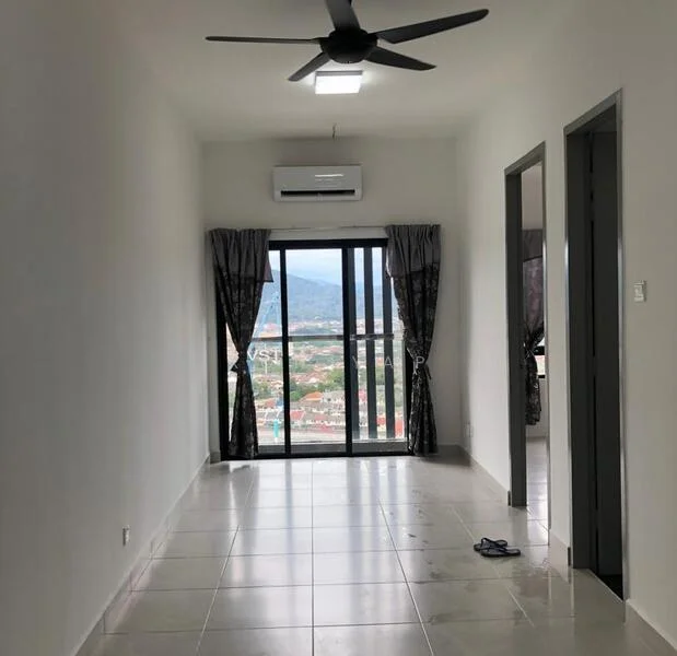 Room features: white painted walls, grey tiled flooring, 5-blade ceiling fan, wall-mounted split AC, floor-to-ceiling sliding glass door, blackout curtains, mountain view, recessed ceiling lights; style: modern; view: mountain.