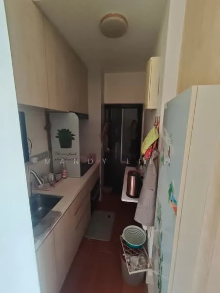 Kitchen features: light wood cabinetry, white countertop, single-bowl stainless-steel sink, chrome pull-down faucet, built-in oven, freestanding refrigerator, ceramic tile flooring, wall-mounted storage, kitchen mat, dish rack, kitchen utensils, open shelving; style: modern.