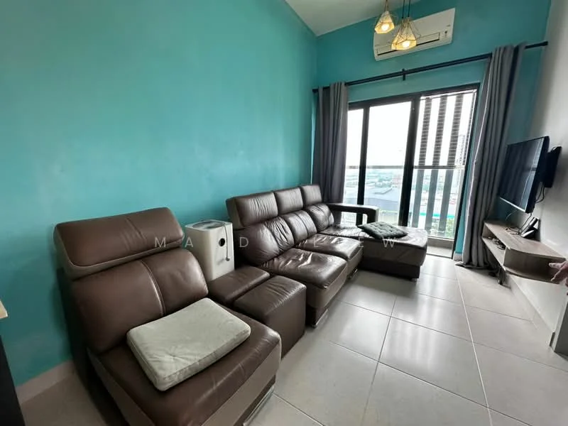 Living features: light blue painted walls, grey tiled flooring, 3-seater brown leather sofa, 2-seater brown leather sofa, coffee table, wall-mounted TV, floor-to-ceiling windows, sheer curtains, 2 pendant lights, wall-mounted air conditioning unit; style: modern; view: city.