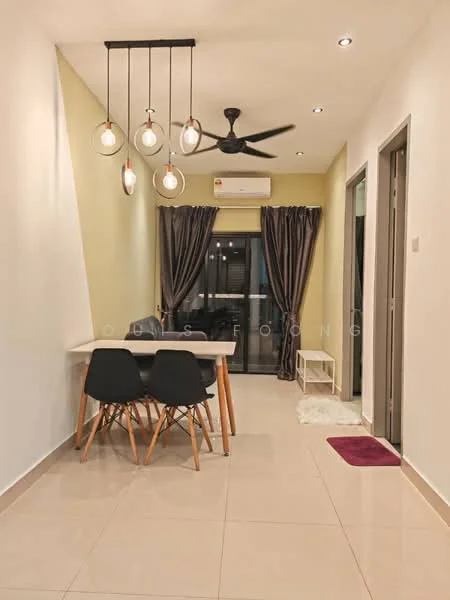 Dining features: 4-seater dining table, black dining chairs with wooden legs, pendant lighting with multiple bulbs, 5-blade ceiling fan, floor-to-ceiling windows, grey curtains, white walls, cream accent wall, tile flooring, air conditioning unit; style: modern; view: city.