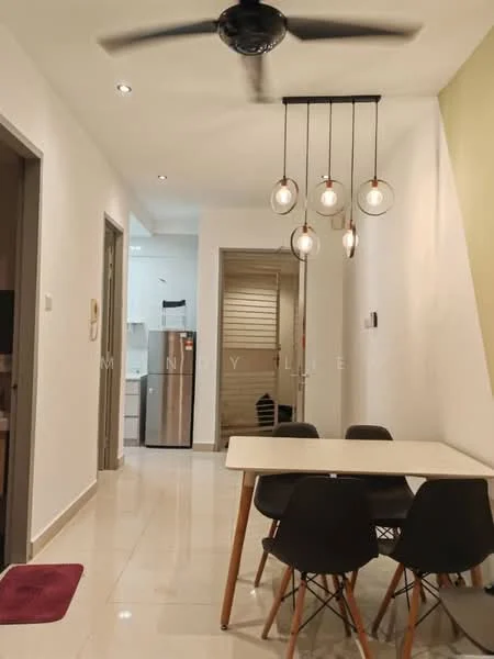 Dining features: dining table with white surface, 4 black chairs with wooden legs, 5-bulb pendant light fixture, cream painted walls, white tiled flooring, recessed ceiling lights, open layout to kitchen, wall-mounted air conditioning unit; style: modern. Room features: white walls, grey door, kitchen area visible in background, stainless-steel fridge visible.