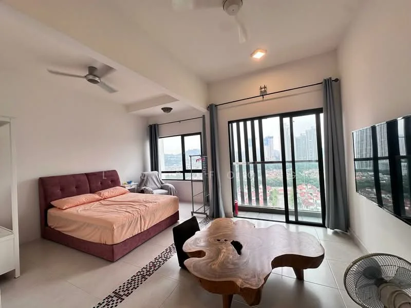 Bedroom features: king-size bed with pink bedding, upholstered headboard, wooden coffee table with unique shape, floor-to-ceiling windows, grey curtains, wall-mounted TV, ceiling fan, tile flooring, decorative wall with black accents, view of city skyline; style: modern; view: city.