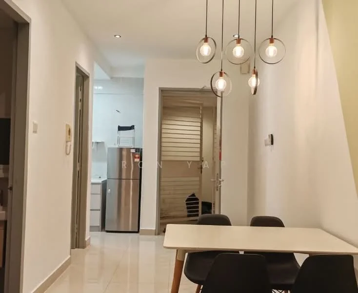 Dining features: white walls, glossy tile flooring, 6-seater dining table, black dining chairs, pendant lighting with glass bulbs, recessed downlights, open layout to kitchen, doorway to hallway; style: modern. Kitchen features: white cabinetry, stainless-steel fridge, countertop with backsplash, open shelving, kitchen appliances visible; style: modern.