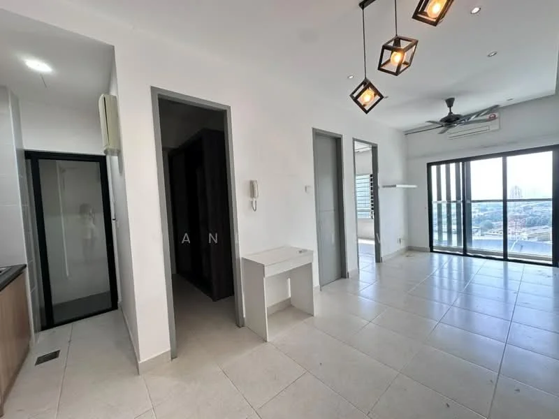 Living features: floor-to-ceiling windows, sliding glass door, white painted walls, tile flooring, 5-blade ceiling fan, hanging pendant lights, open layout, city view; style: modern; view: city. Kitchen features: kitchen cabinetry, countertop, built-in appliances, tile backsplash; style: modern. Room features: doorway, light switch, white painted walls, tile flooring.